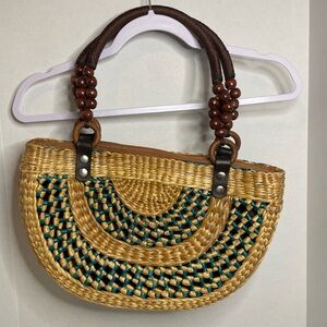Brown Tan Teal Woven Straw Women’s Purse Handbag Wood Bead Accents Boho Beach